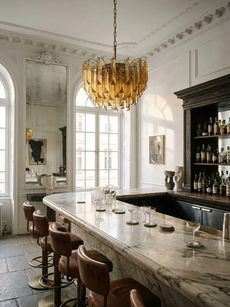 107 amber prism Murano chandelier hanging in a bar