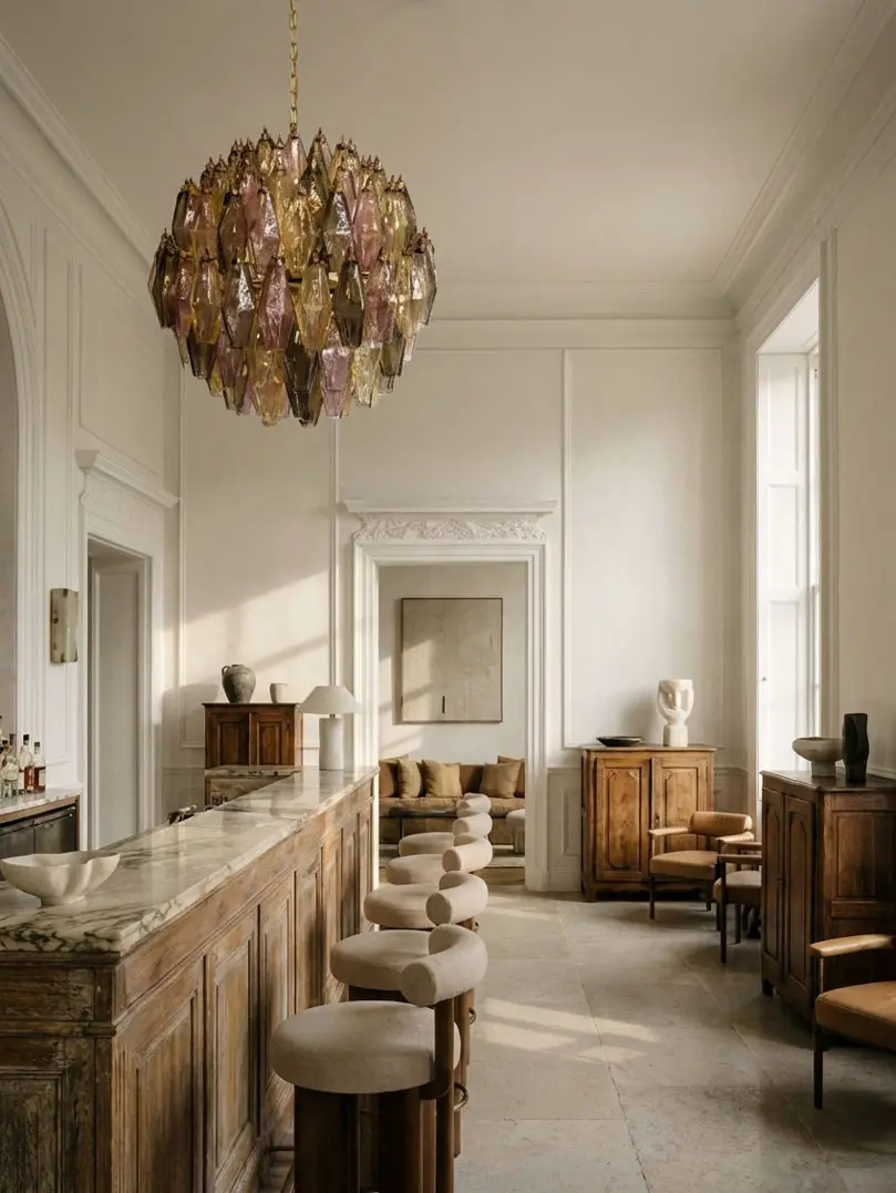 140 Multi poliedri glass Murano chandelier haning in bar