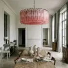 391 pink triedri Murano glass prism chandelier hanging in a kitchen