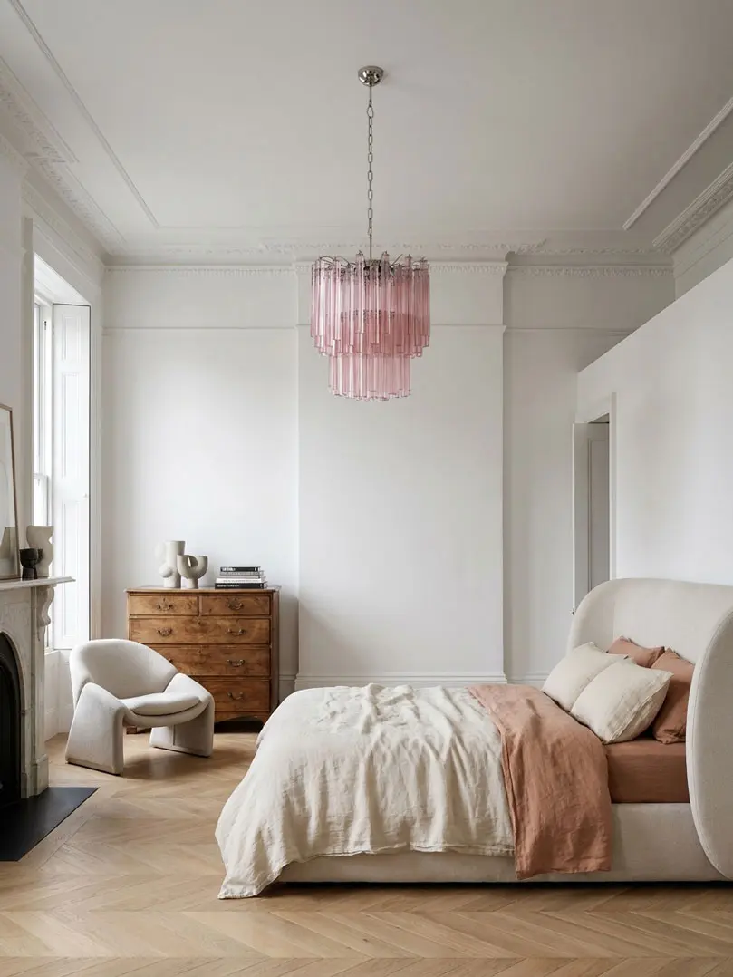 107 pink prism Murano chandelier hanging in a bedroom