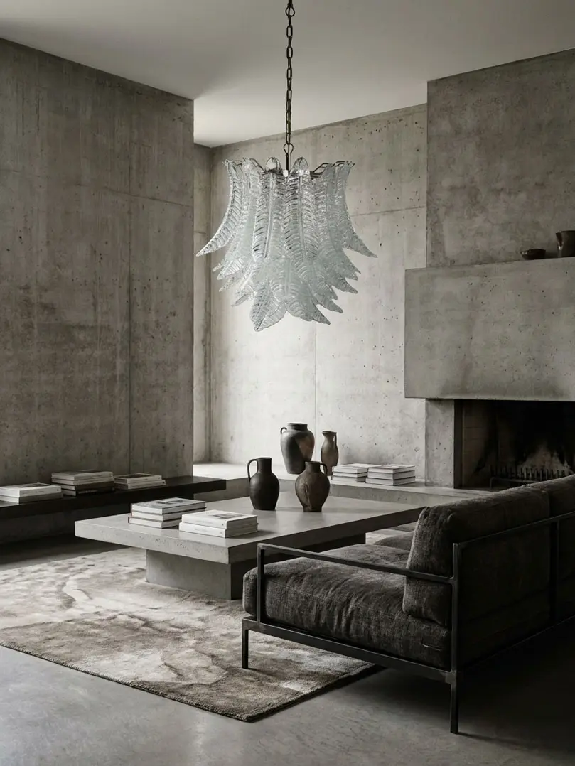 41 transparent felci glass Murano chandelier hanging in a living room