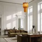 46 amber prism Murano chandelier hanging in hotel lobby