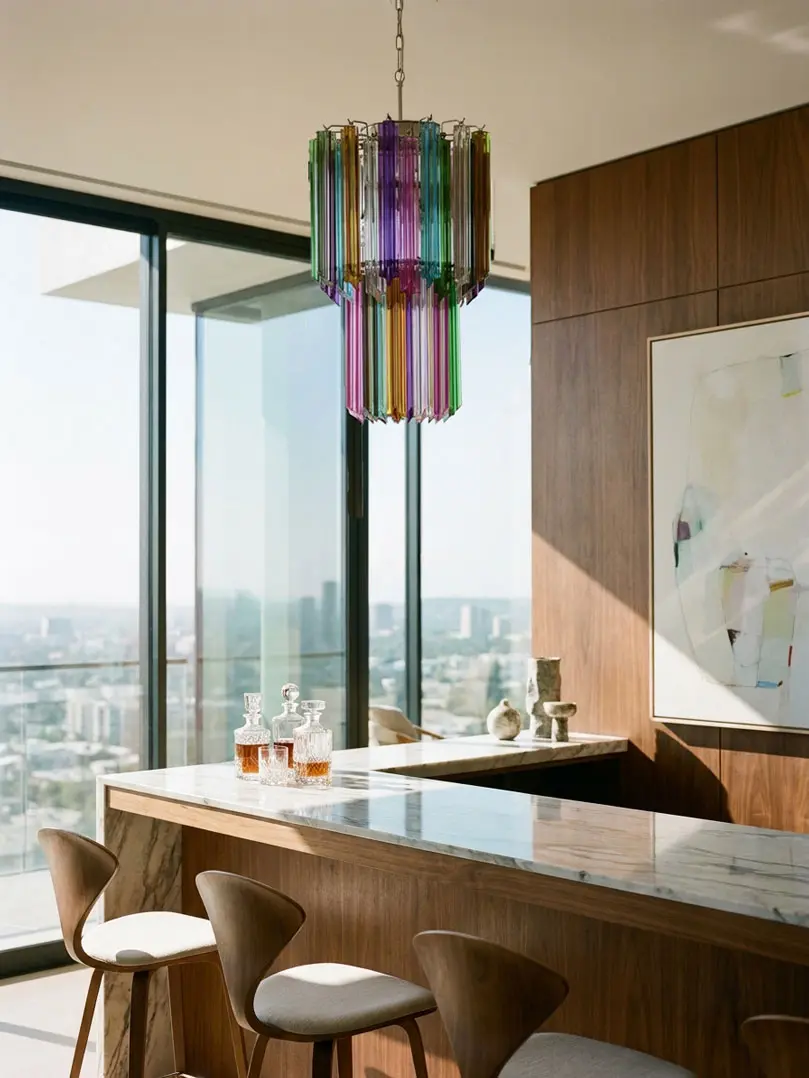 46 multi Murano prism chandelier hanging in a bar