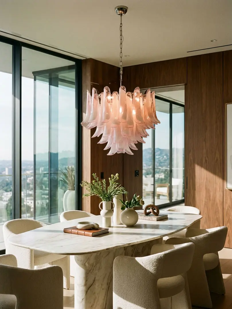 53 pink lattimo Murano chandelier hanging in a diningroom