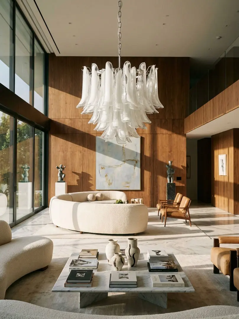 53 white lattimo petals Murano chandelier hanging in living room