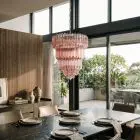112 pink prism Murano chandelier hanging in a dining room