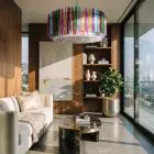 391 multi prism Murano chandlier hanging in a livingroom