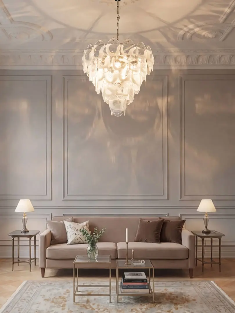 50 lattimo Murano glass leaves, hanging in a livingroom