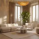 185 amber poliedri Murano chandelier hanging in livingroom