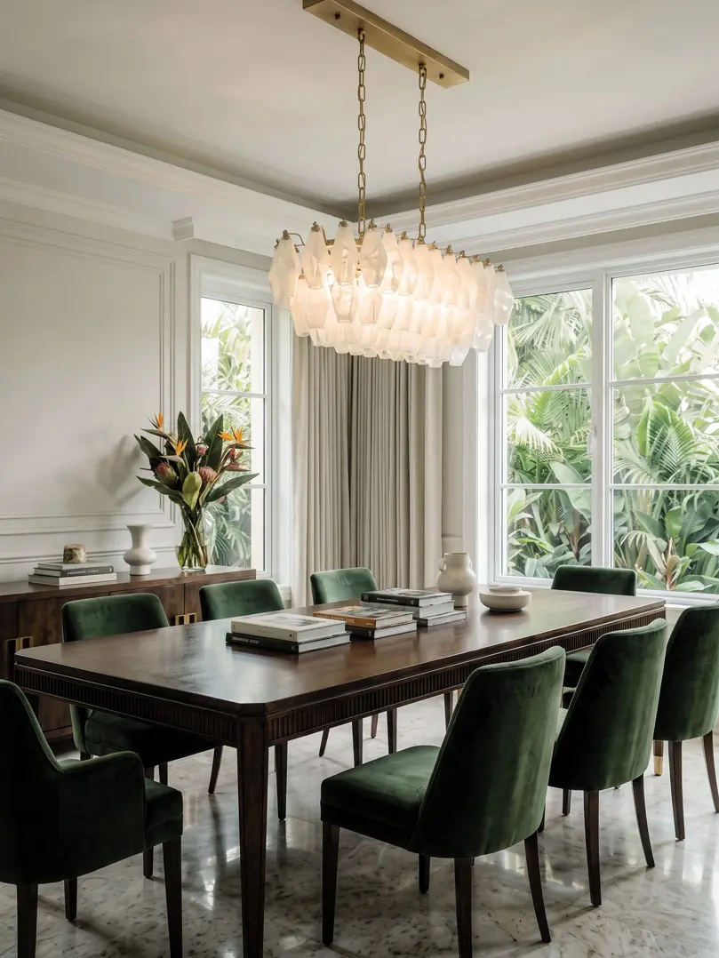 84 white alabaster poliedri hanging in a diningroom