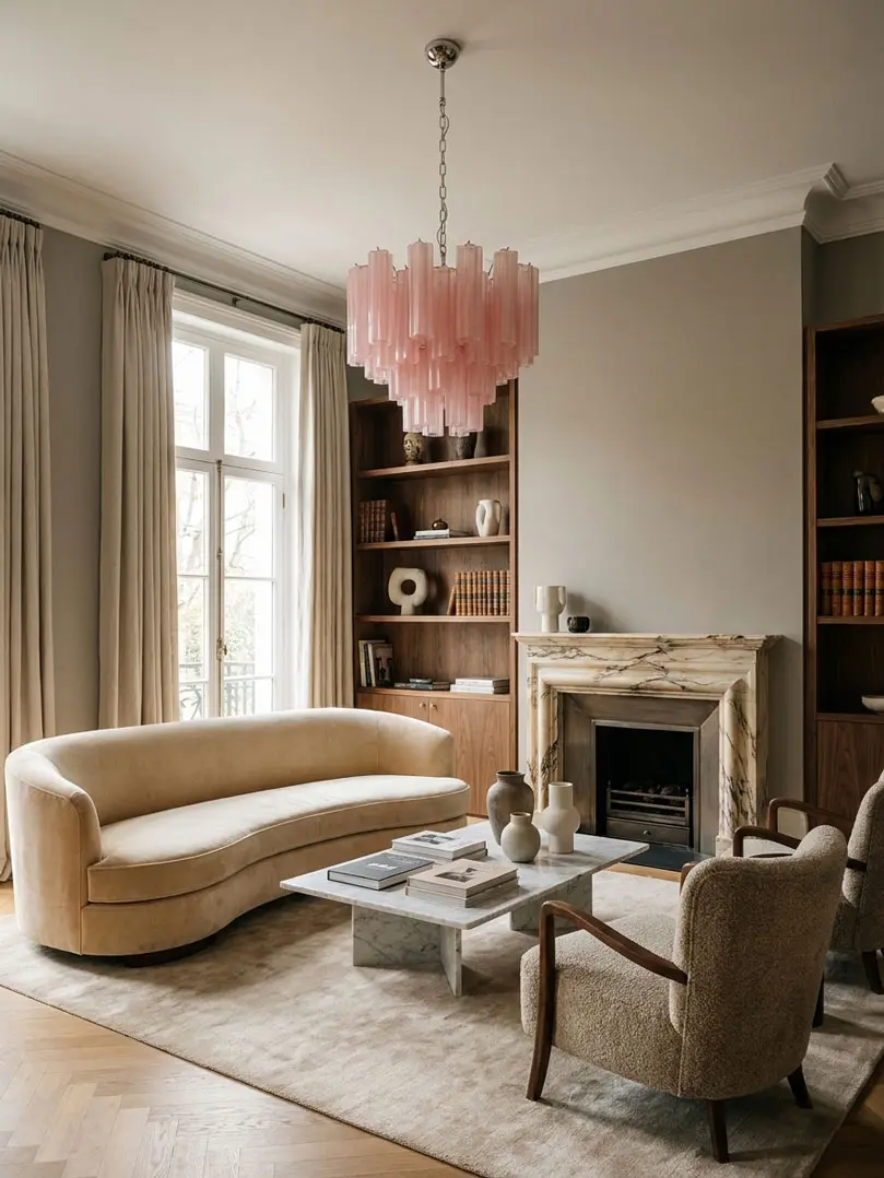 36 matte pink Murano glass tube chandelier hanging in a livingroom