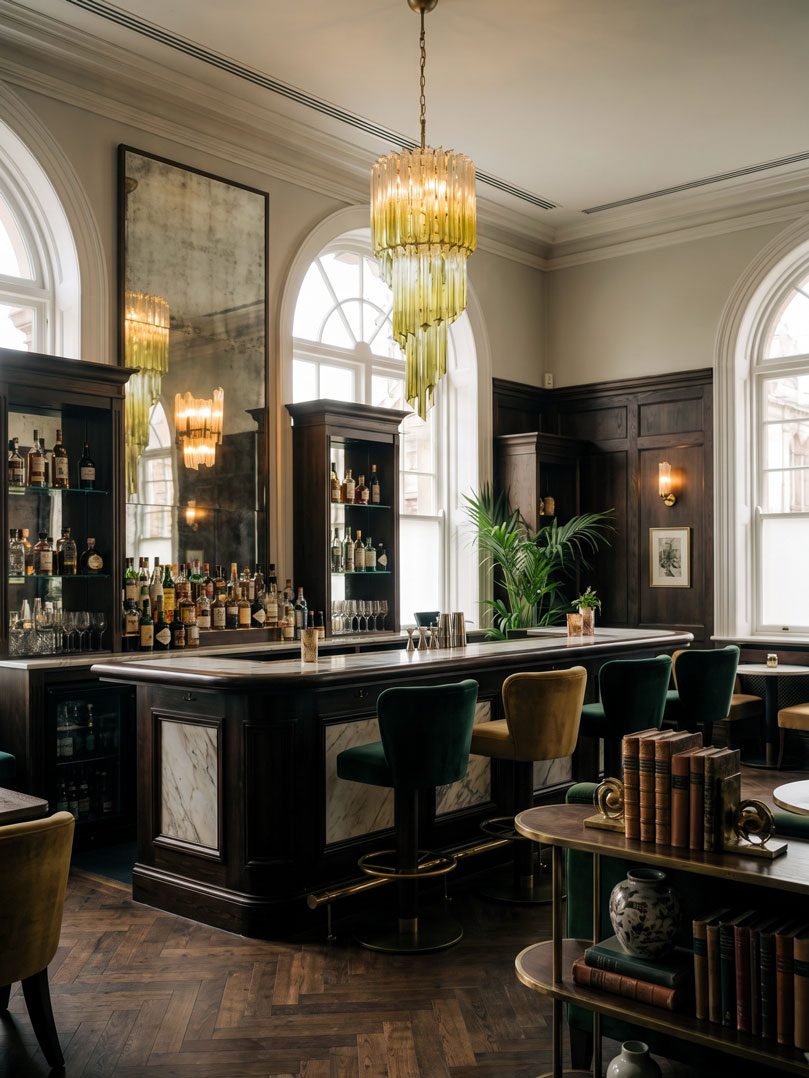 54 spiral green faded Murano prism chandelier hanging in a bar