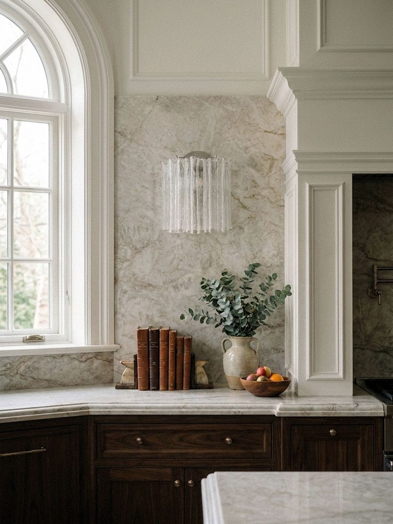 5 Murano transparent tube sconces hanging in kitchen